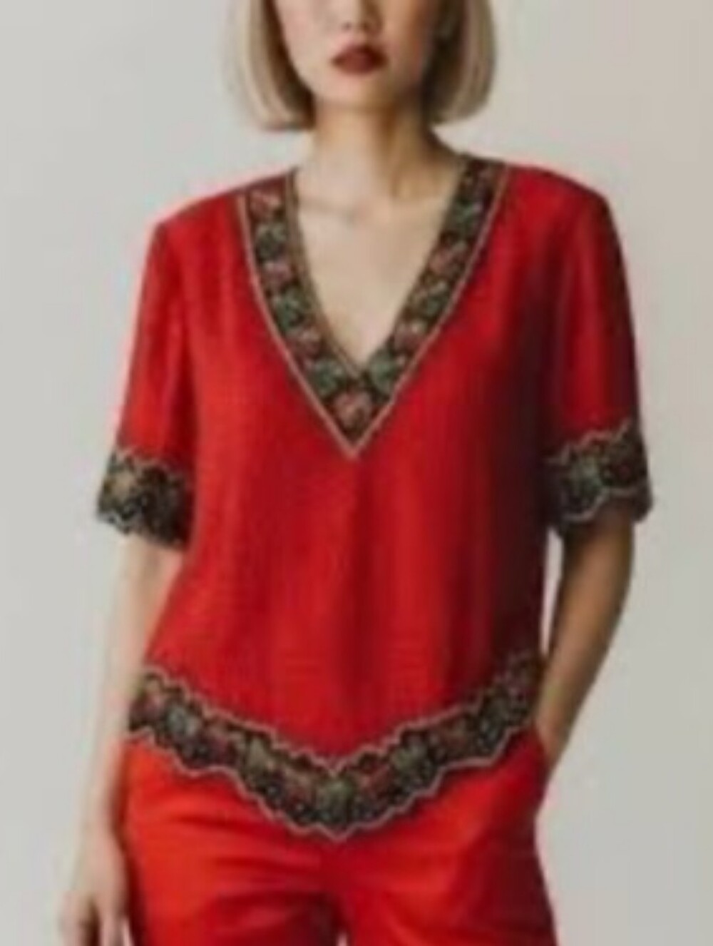 Laurence Kazar Top, Size 2X, Red 100% Silk, Beaded Holiday Party - Picture 1 of 12